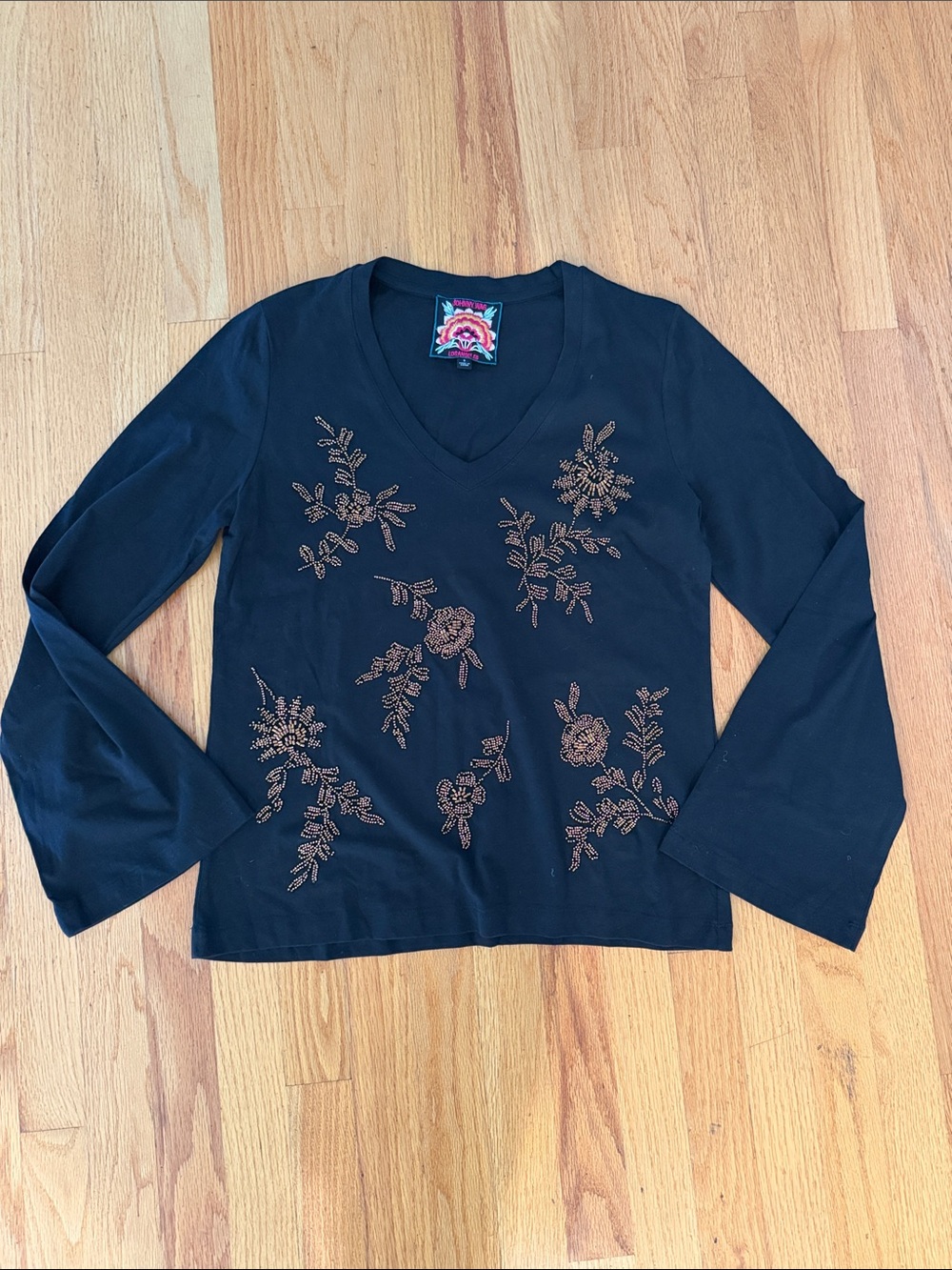 Johnny Was Simone Floral-Embroidered Cupro Blouse Small